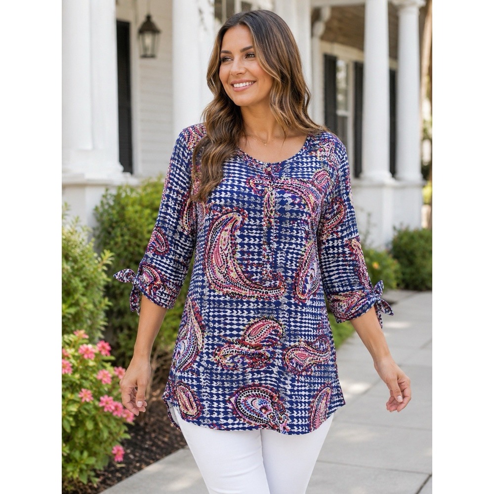 Fig & Flower XL Paisley Tunic Top-Boho-3/4 tie sleeve- Peasant-Travel-Everyday
